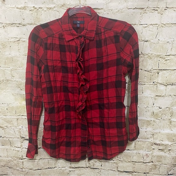 Gap Red Black Plaid Ruffle Cotton Button Up Shirt - Picture 1 of 6